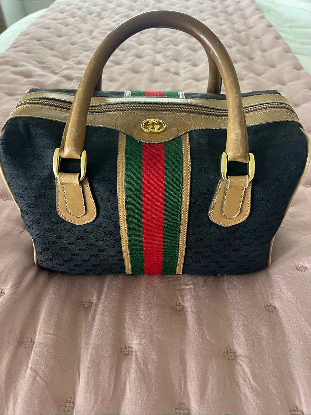 Gucci Black Canvas Doctor Bag with Tan Leather Trim and Red/Green Web Stripe